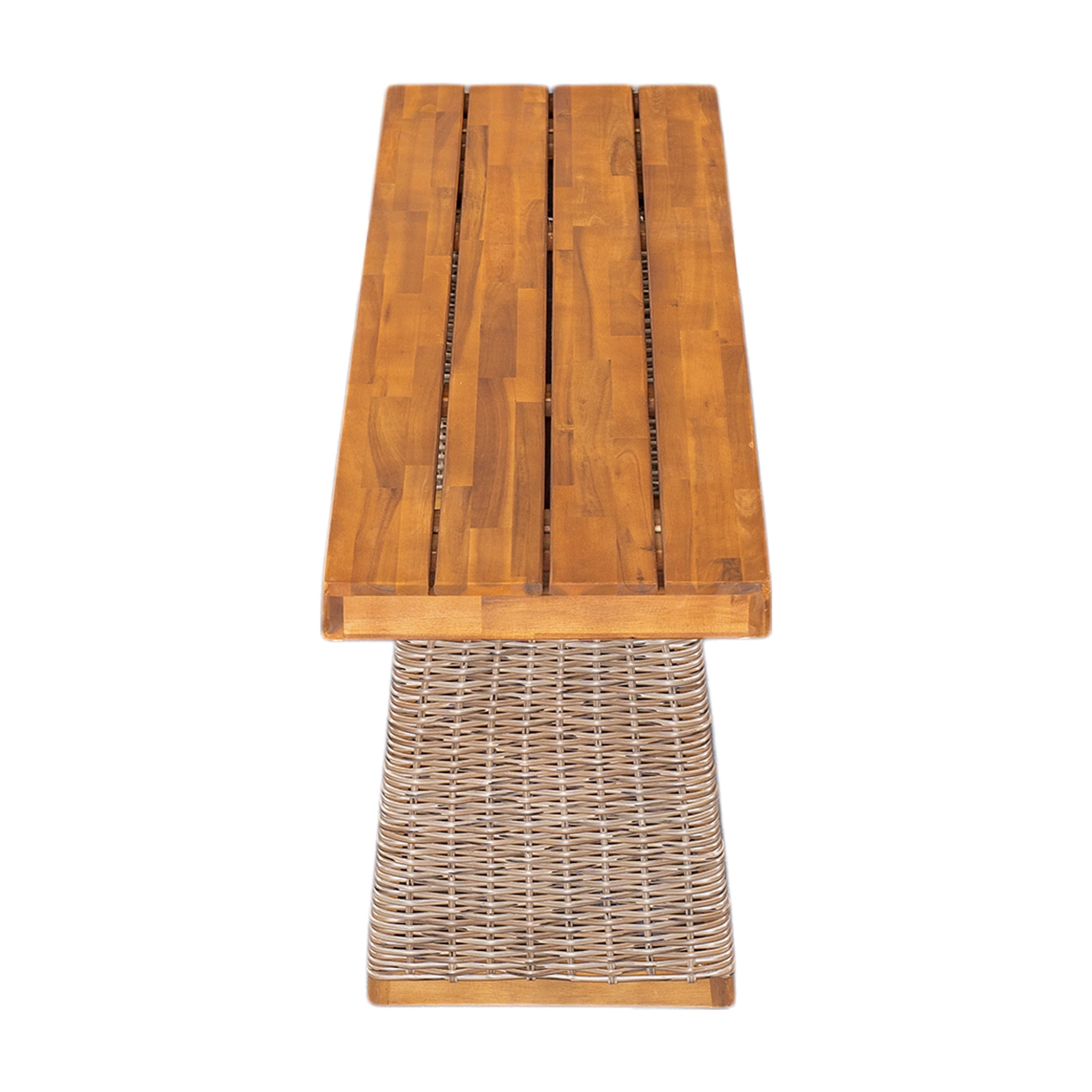 Bench 1 Piece, Outdoor Acacia Wood Bench with Brown Wicker for Patio Garden, Teak