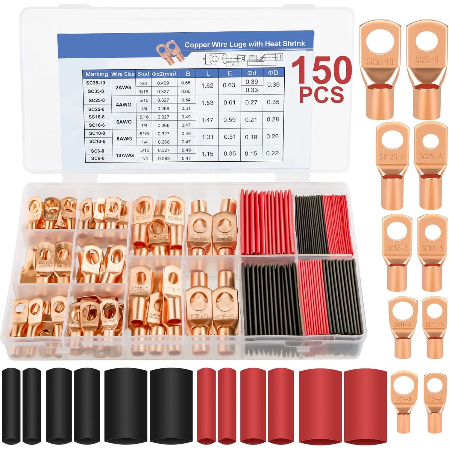 150pc Copper Battery Cable Ends Wire Lugs Assortment Kit – AWG 2 4 6 8 10 Gauge, Ring Terminals