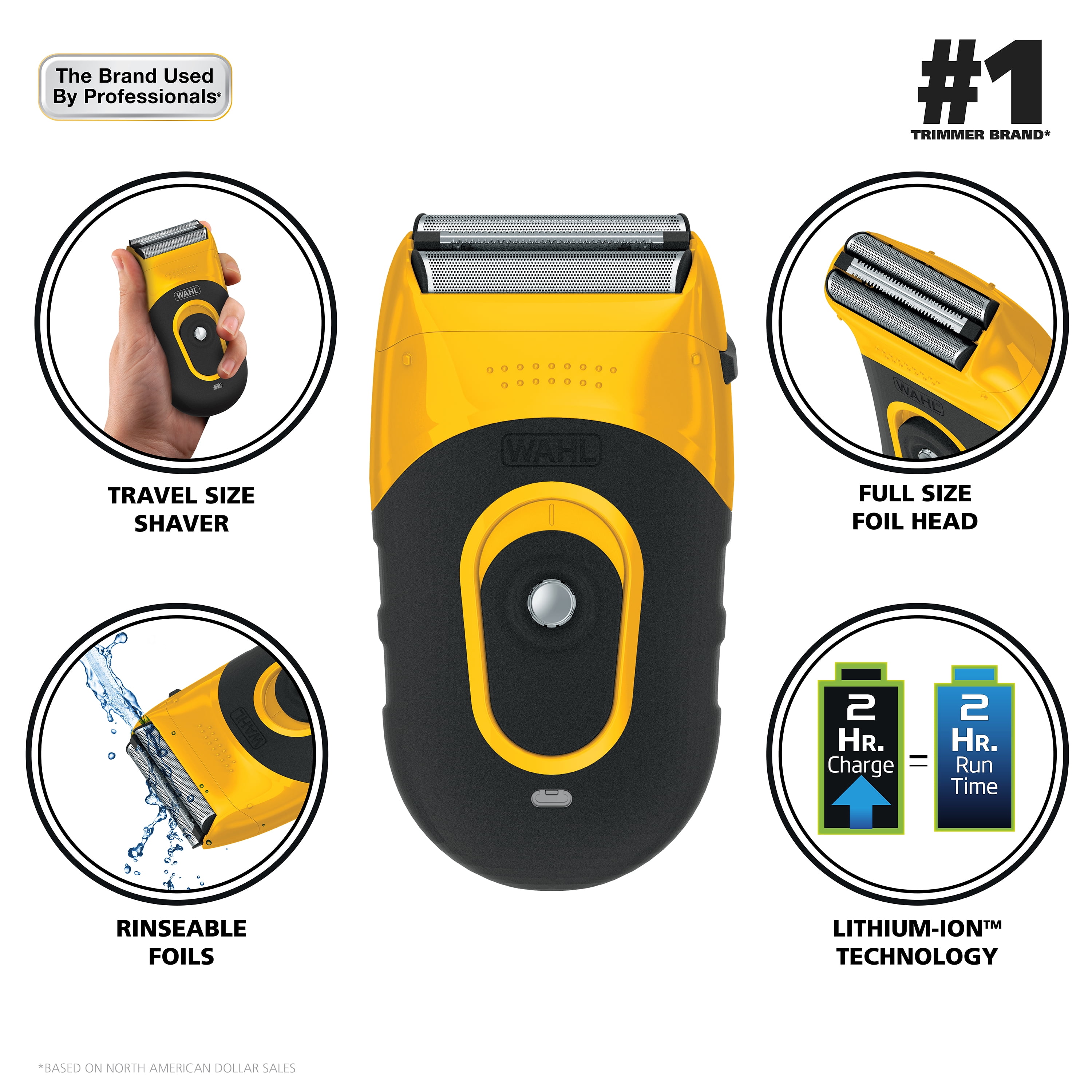 Wahl Life Proof Shaver, Rechargeable Lithium Ion, Compact Flex Foil Shaver & USB Convenience, Men, Yellow - 3023681