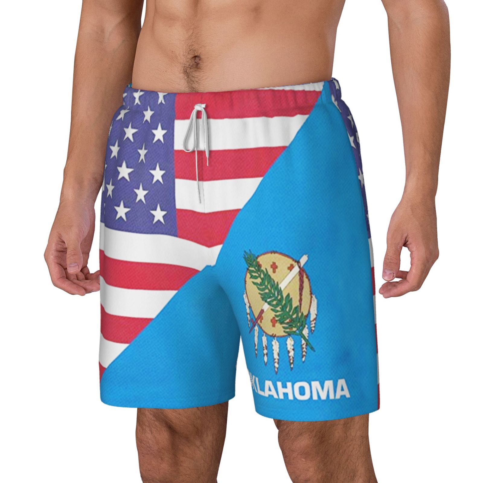 Men's America Oklahoma Flag Swim Trunks with Compression Liner Bathing Suit Swimwear