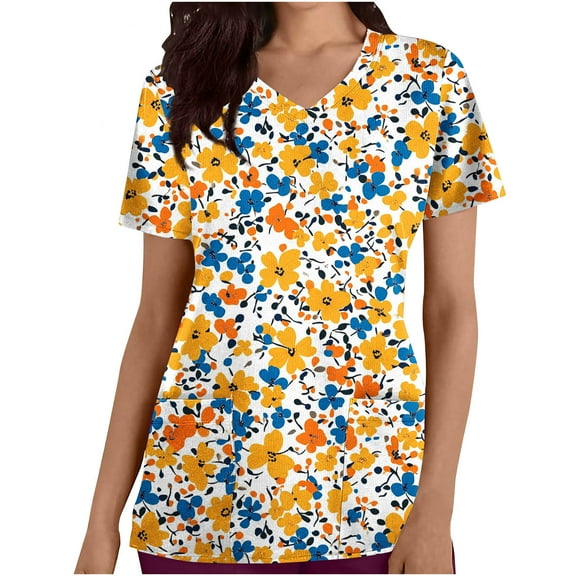 Otvok Womens Uniform Top,Scrub Tops for Women Vintage Floral Print Short Sleeve V Neck Blouses with Pockets