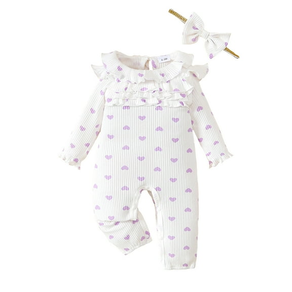 Newborn Baby Girls Clothes Baby Girls One-piece Romper Newborn Girls Long Sleeve Round Neckline Heart Print Bodysuit with Headband 2PCS Set White 3-6 Months