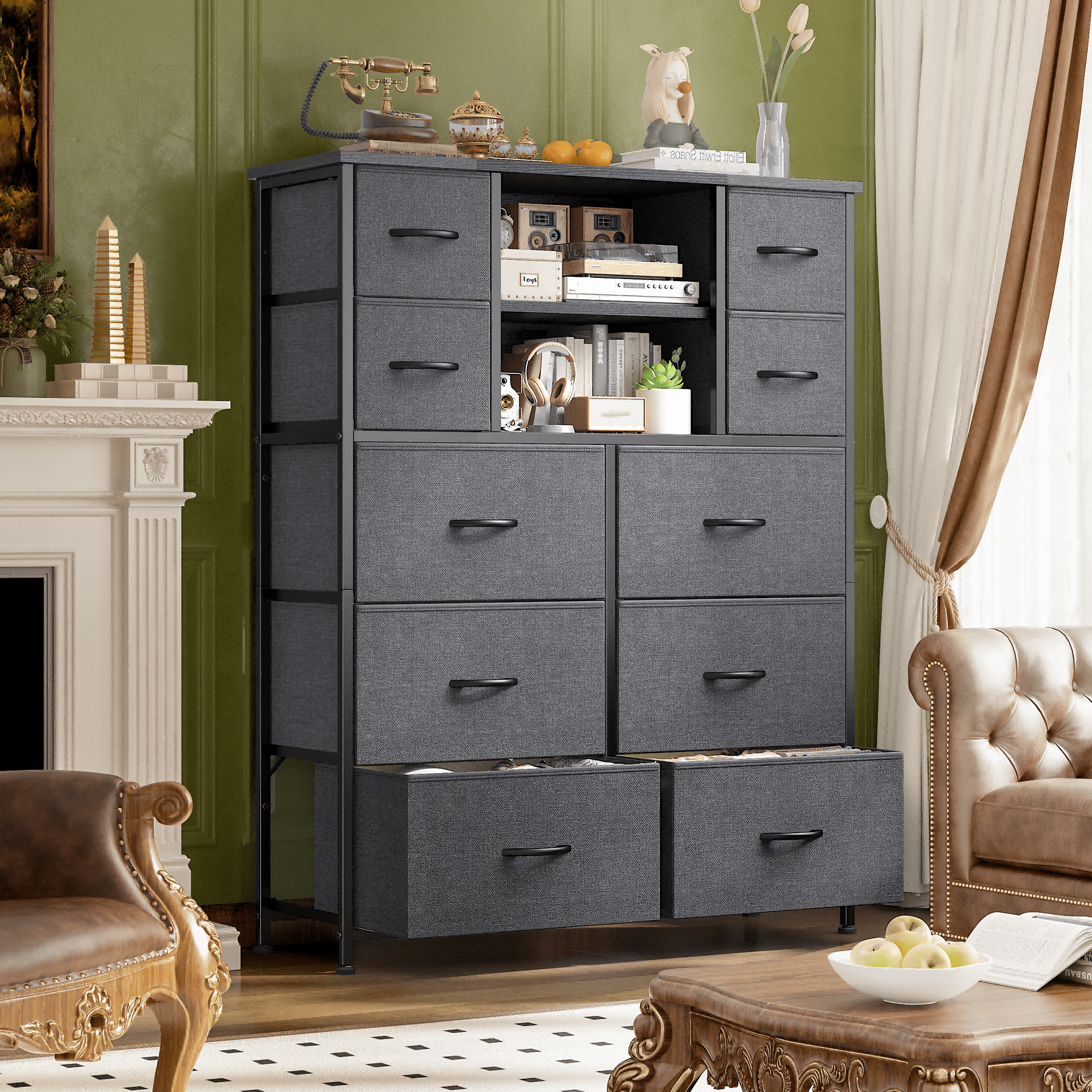 EnHomee Tall Dresser with Cabinet and Ten Drawers, Gray, 48"*38"