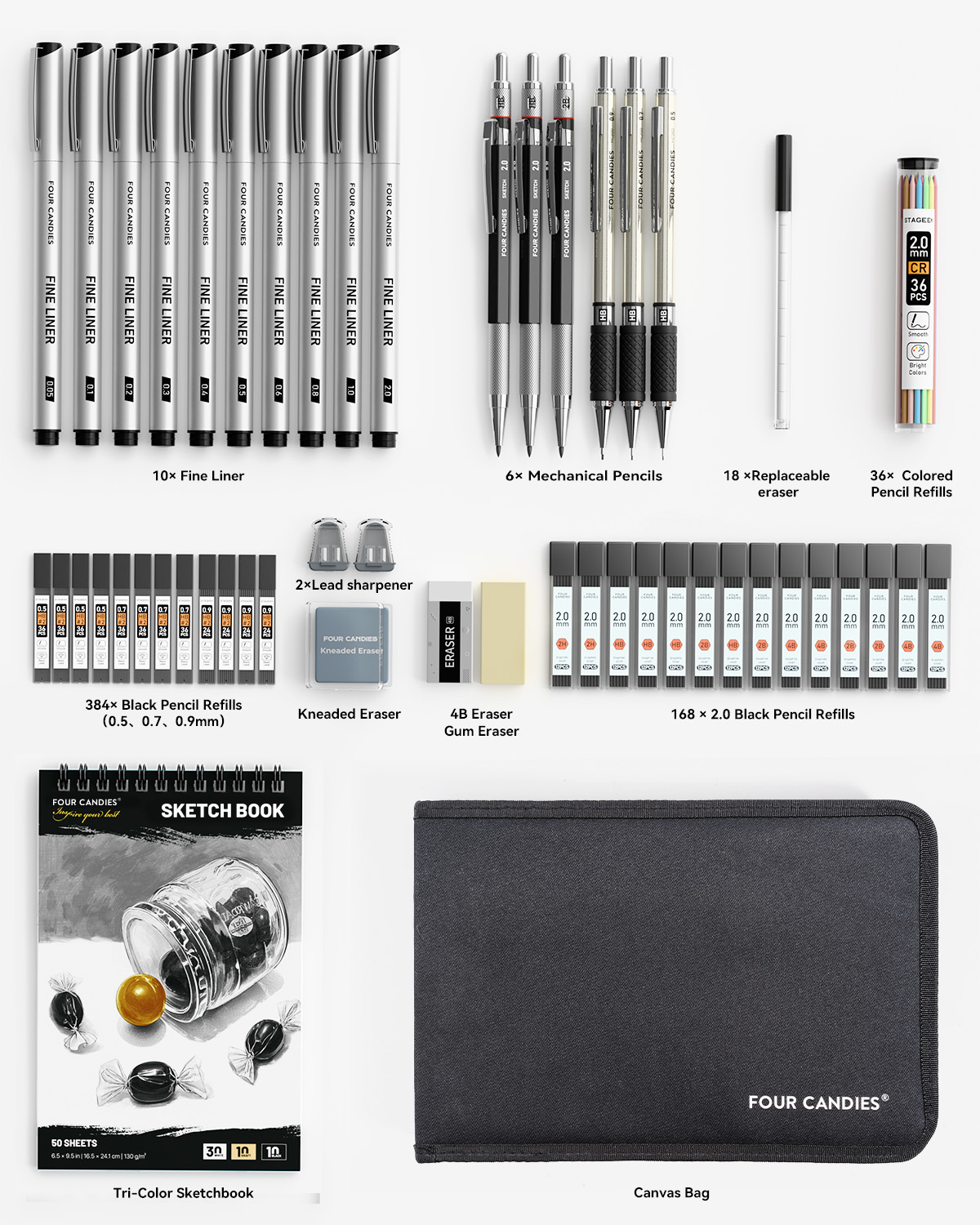 Four Candies 52pcs Art Supplies Sketching & Drawing Kit with 10 Micron Fineliner Pens, 6 Drafting Mechanical Pencils,3-Color Sketchbook,27 Lead Refills, Supplies Gifts for Beginners Adults