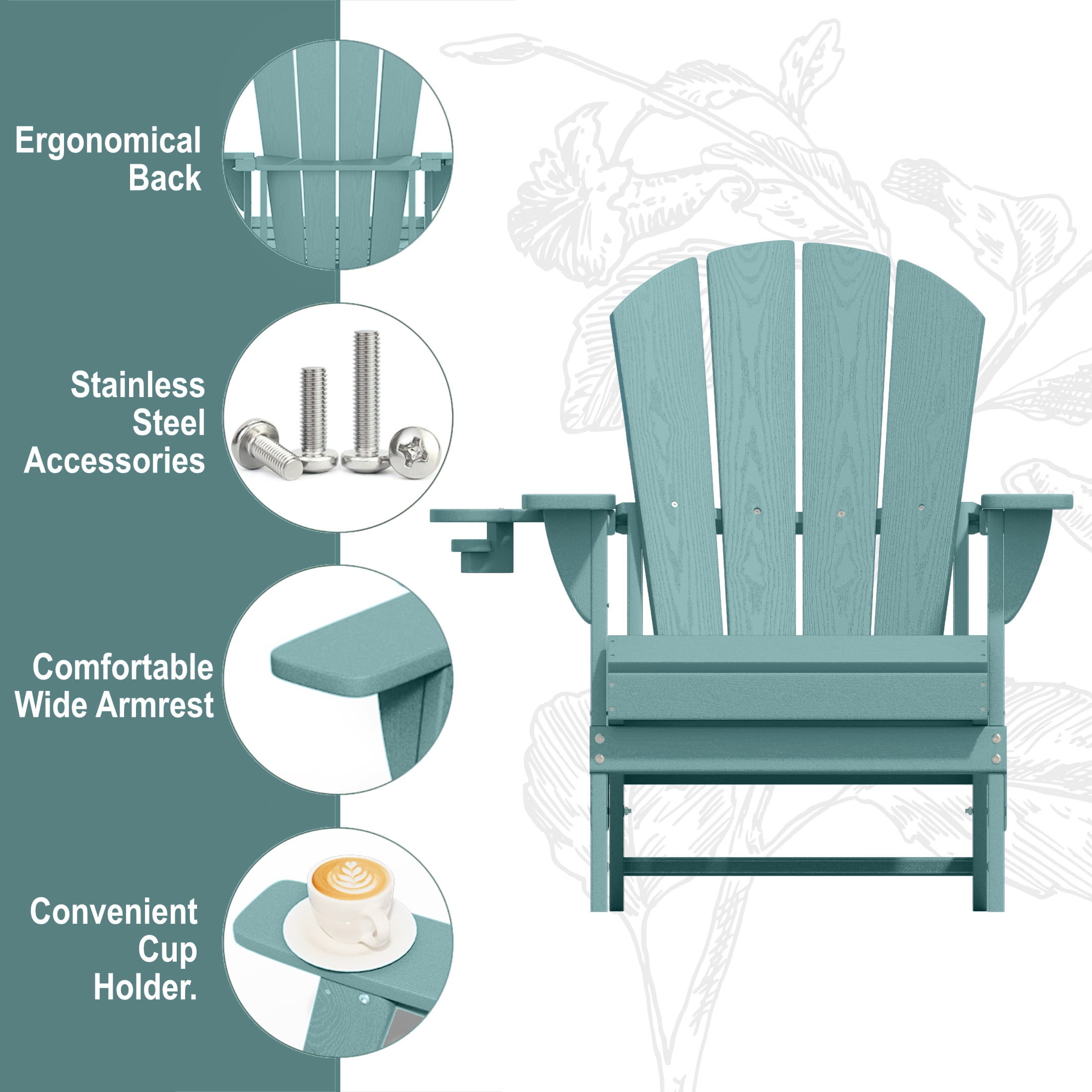 Adirondack Chair,HDPE All-Weather Patio Chairs Outdoor with Cup Holder, Lawn Chair with Weather Resistant for Outside Deck Lawn Garden, Weight Capacity Up to 380 Lbs –Aruba Blue