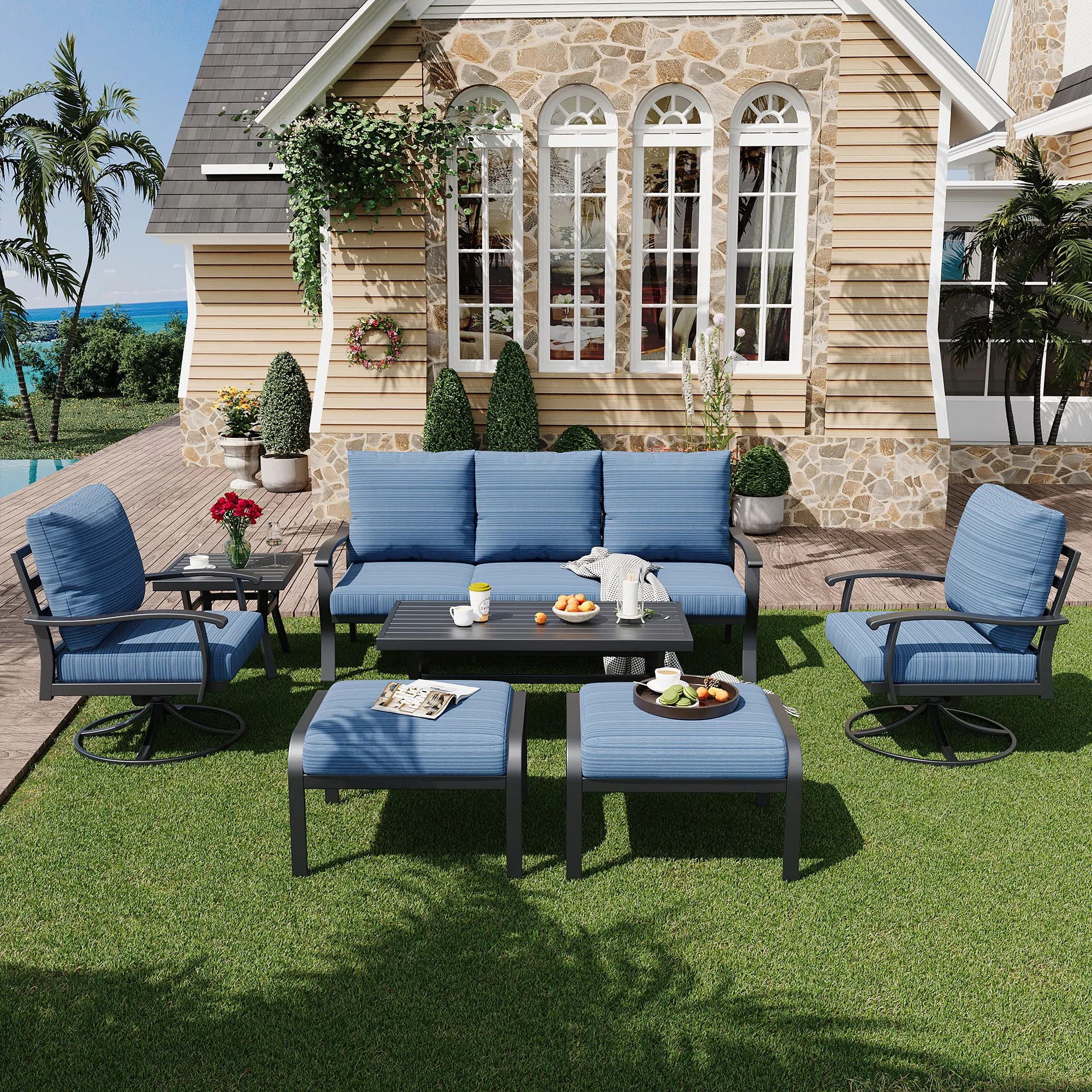 HOMREST Patio Furniture Sets 7 PCS Outdoor Metal Conversation Sets, 360 Degree Swivel Rocking Chairs Patio Conversation Set with Ottomans, Coffee Side Table and 3-Seat Sofa for Garden, Deck, Poolside
