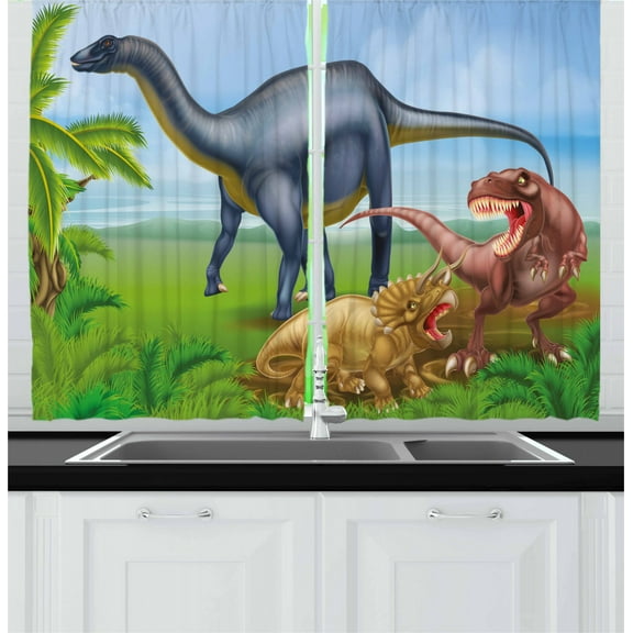 Ambesonne Dinosaur Kitchen Curtains, Various Animals Jungle, 55"x39", Multicolor