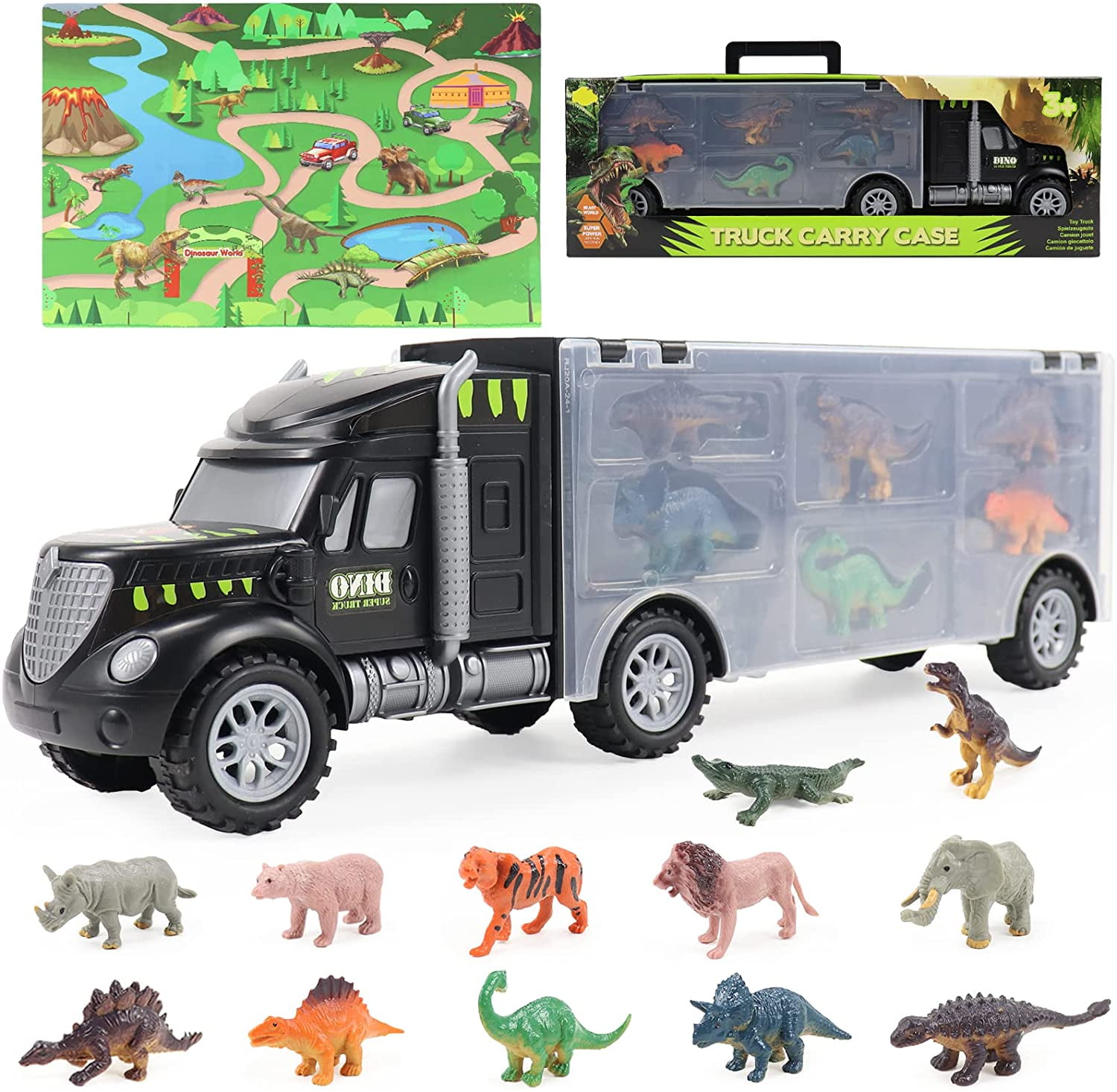 Dinosaur Toys for Kids 3-5 Boy Toys with Zoo Play Mat Mini Animal Toys  Dinosaur Figures Toy Trucks for Kids Year Old Boys Girls Birthday Gifts  Games 