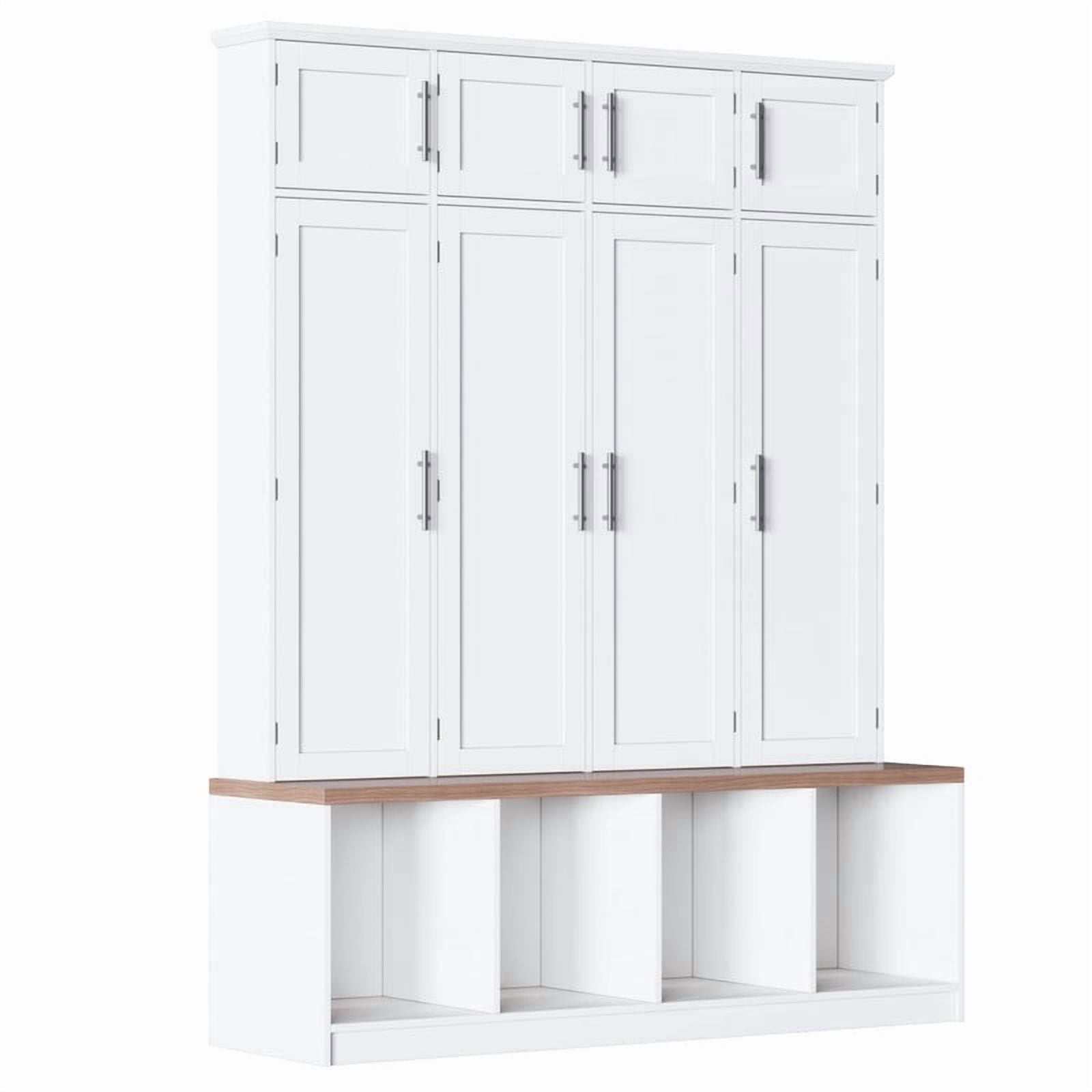 Farmhouse Hall Tree with 4 Hidden Hanging Hooks, Versatile Seating Bench with Open Compartment, Entryway Coat Rack with 8 Doors for Living Room