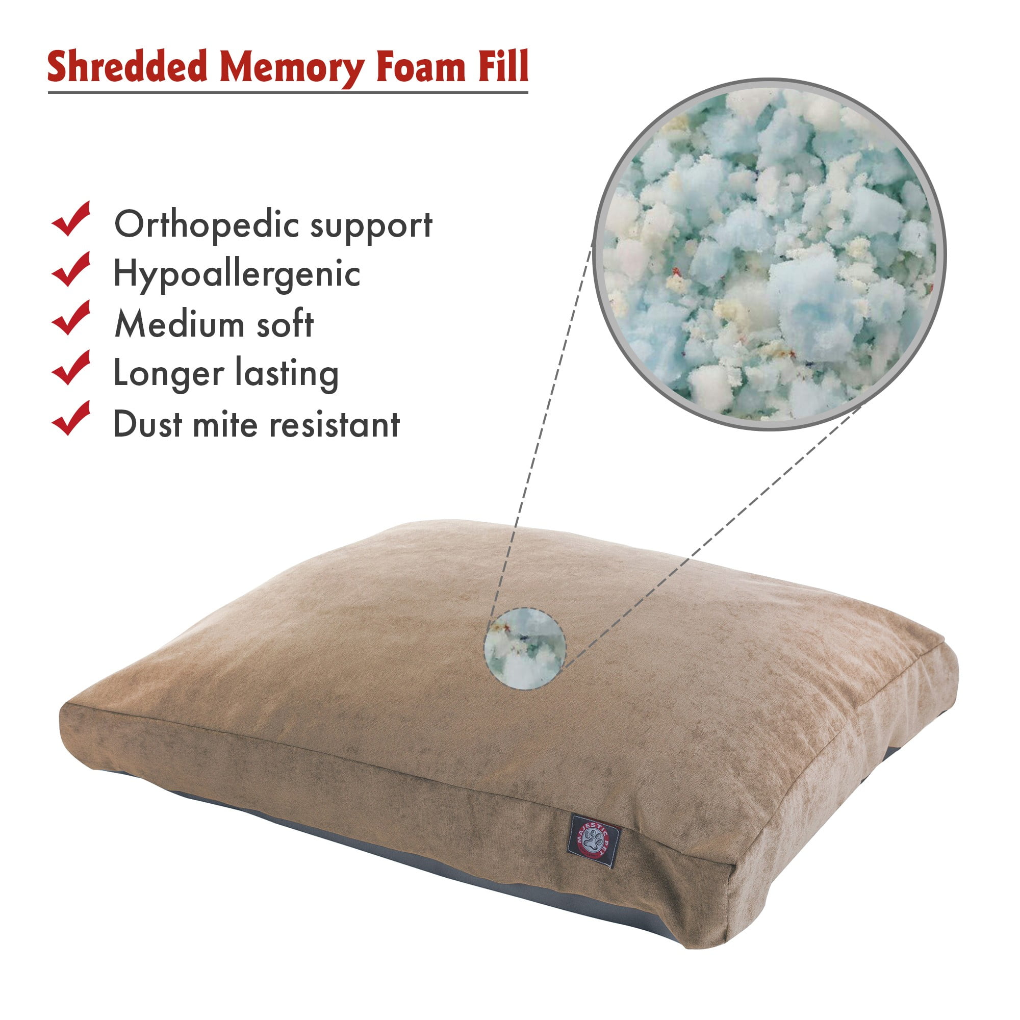 Majestic Pet | Villa Velvet Shredded Memory Foam Rectangle Pet Bed For Dogs, Removable Cover, Pearl, Large