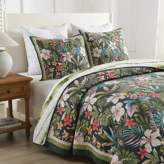 3-Piece Tropical Floral Pattern Reversible Soft Polyester Quilt Set