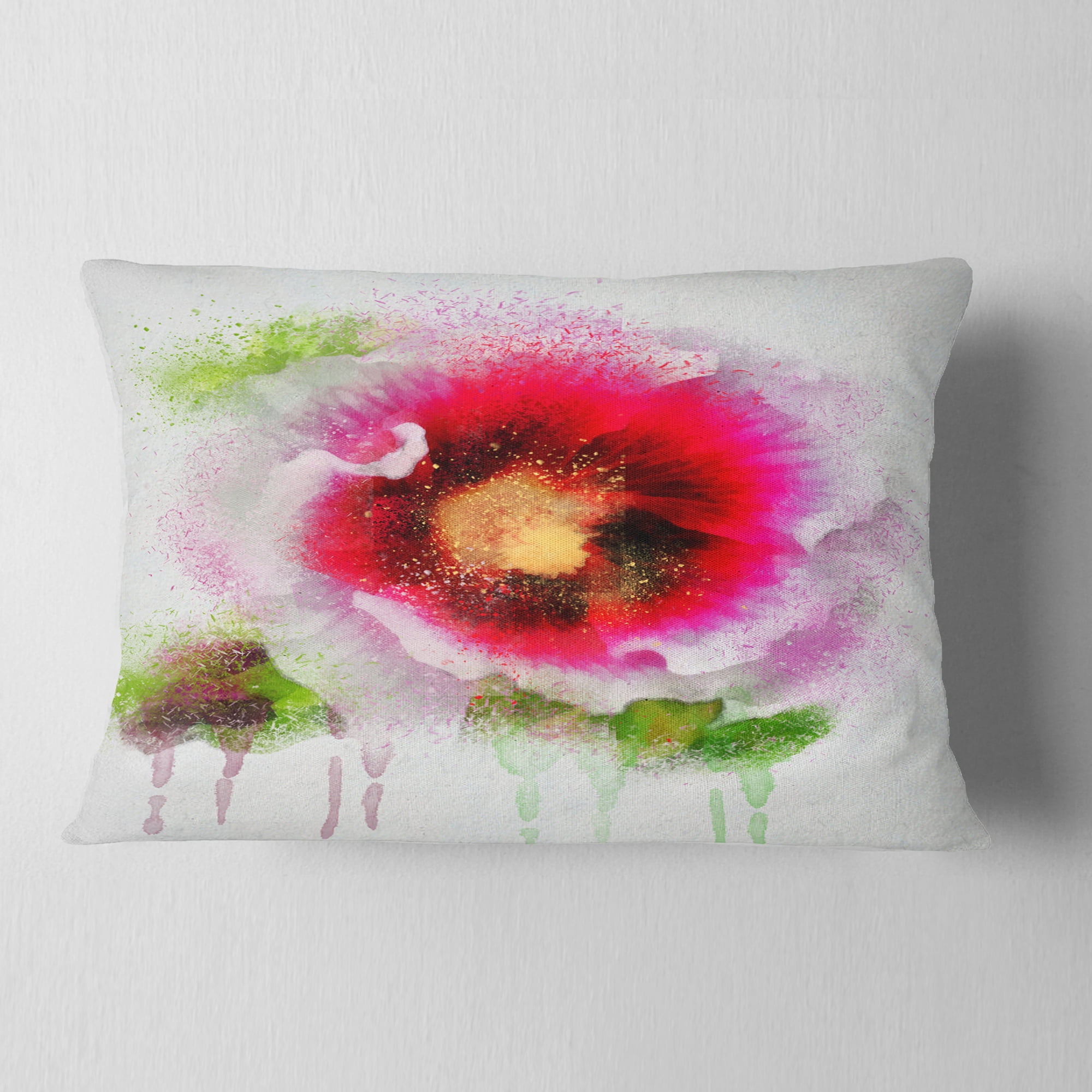 Designart Poppy with Green Watercolor Splashes - Floral Throw Pillow - 12x20