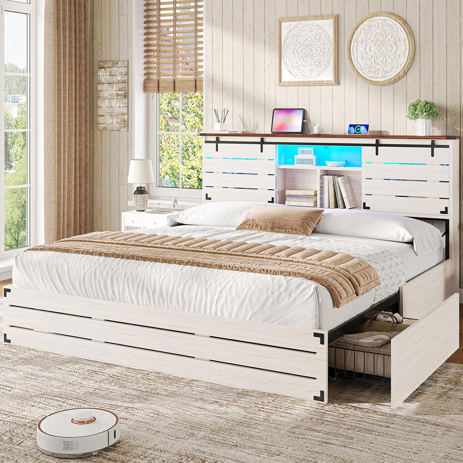 AOGLLATI Wooden Bed Frame King Size with Bookcase Headboard and Sliding Barn Door, Farmhouse King Beds with Charging Station, LED Lights and 4 Storage Drawers, No Box Spring Needed, Gray