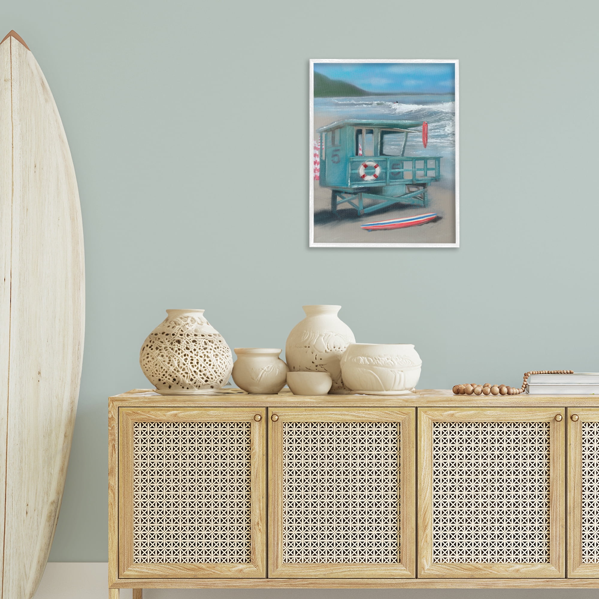 Stupell Industries Lifeguard Stand on Shore Coastal Painting White Framed Art Print Wall Art, 24 x 30