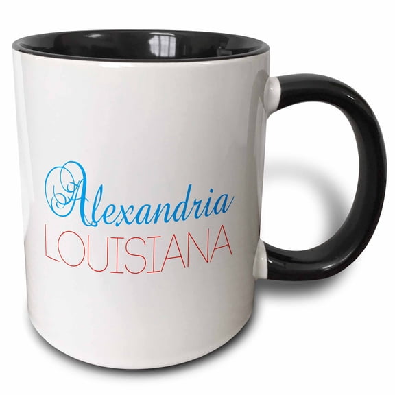 3drose, Alexandria, Louisiana Blue, Red Text. Patriotic Home Town Design, 15oz Two-tone Black Mug