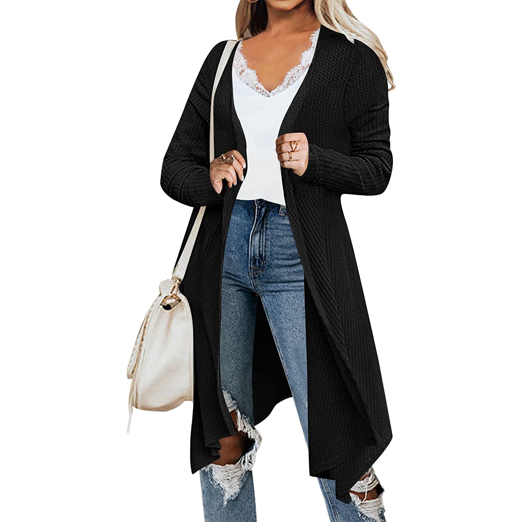 QWZNDZGR Women's Waffle Knit Duster Cardigan Long Sleeve Draped Open Front  Lightweight Irregular Hem Sweater Coat - Walmart.com