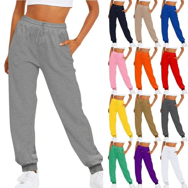 Womens Casual Pants Solid Color Elastic Waist Sweatpants Joggers with Drawstring Grey L