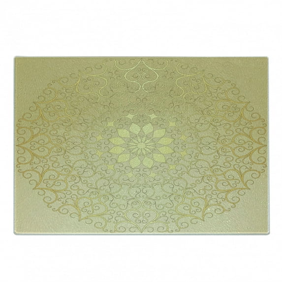 Mandala Cutting Board, Round Antique Motif Curvy Ornate Heart Shape Influences, Decorative Tempered Glass Cutting and Serving Board, Small Size, Yellow Pale Yellow, by Ambesonne