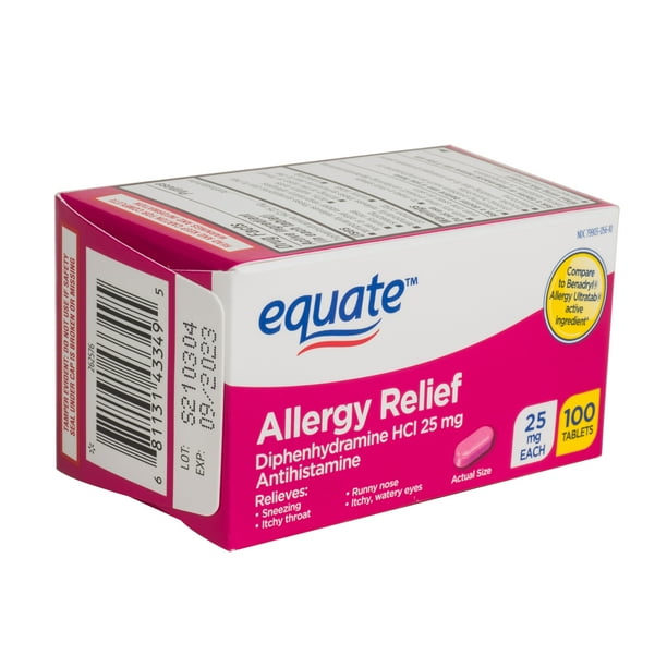 Equate Allergy Relief Tablets, Diphenhydramine HCl 25mg, 100 Count