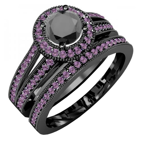Dazzlingrock Collection Black Rhodium Plated 14K Round Amethyst & Black Diamond Halo Engagement Ring Set, White Gold, Size 5