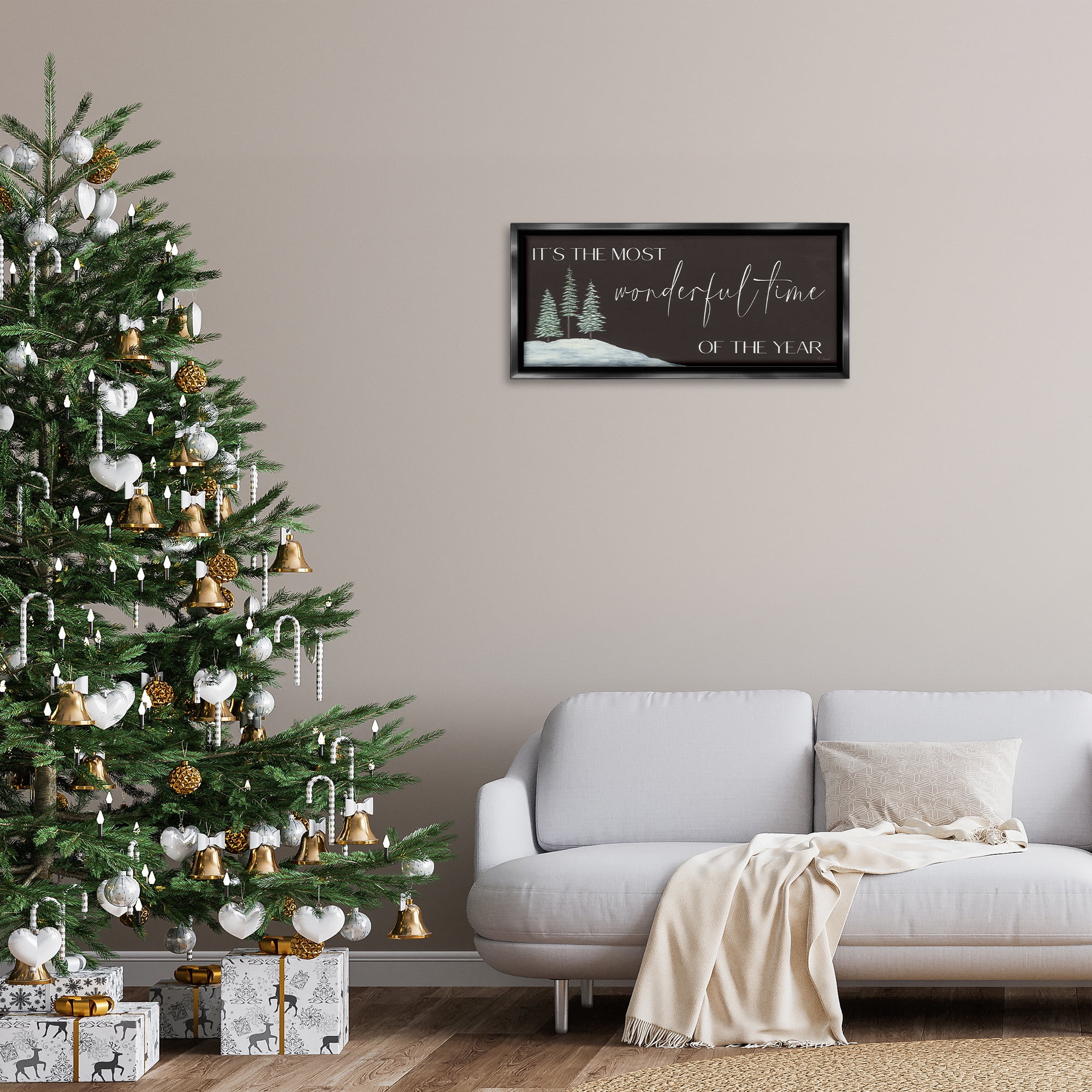Stupell Industries Most Wonderful Time Holiday Phrase Inspirational Painting Black Floater Framed Canvas Art Print Wall Art, 31 x 14