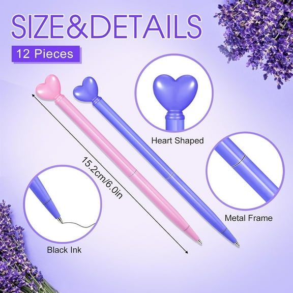 TRH-24 Pcs Heart Shaped Pens Retractable Metal Cute Pens 1.0 mm Black Ink Ballpoint Decorative Engagement Gifts for Women Wedding Bridal Shower Sleepover Party(Purple and Pink)