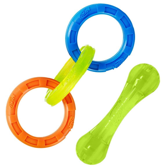 Nerf Dog Chew & Tug Toys 2 Pack, Chew Stick and 3-Ring Tug Toy