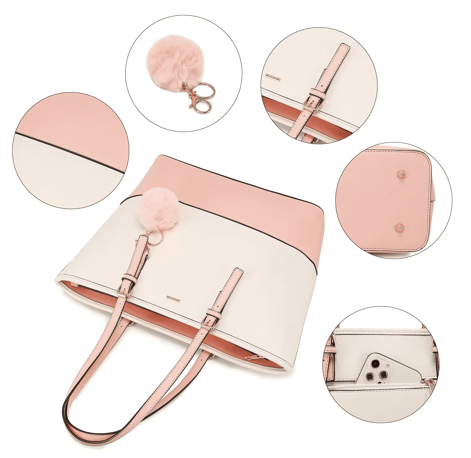 Premium Lux Details 3-Piece Leather Handbag Set for Women – Tote, Crossbody & Wristlet Purse – Elegant Designer Bags for Everyday & Travel Use Color Donut Pink