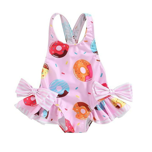 Hiiyo Little Girls One-Piece Swimsuit Ruffle Doughnut Print Cute Swimwear Bathing Suit