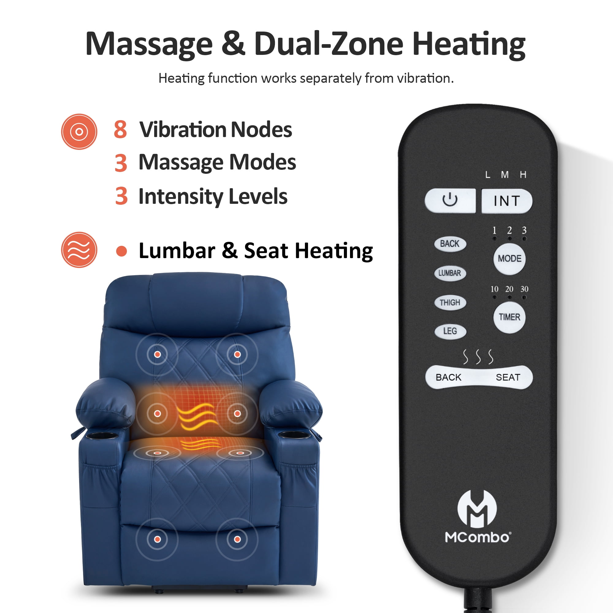 MCombo Small Size Electric Power Lift Recliner Chair Sofa with Massage and Dual Heating, Adjustable Headrest for Elderly People Petite, USB Ports, Extended Footrest, Faux Leather 7111 (Blue, Small)