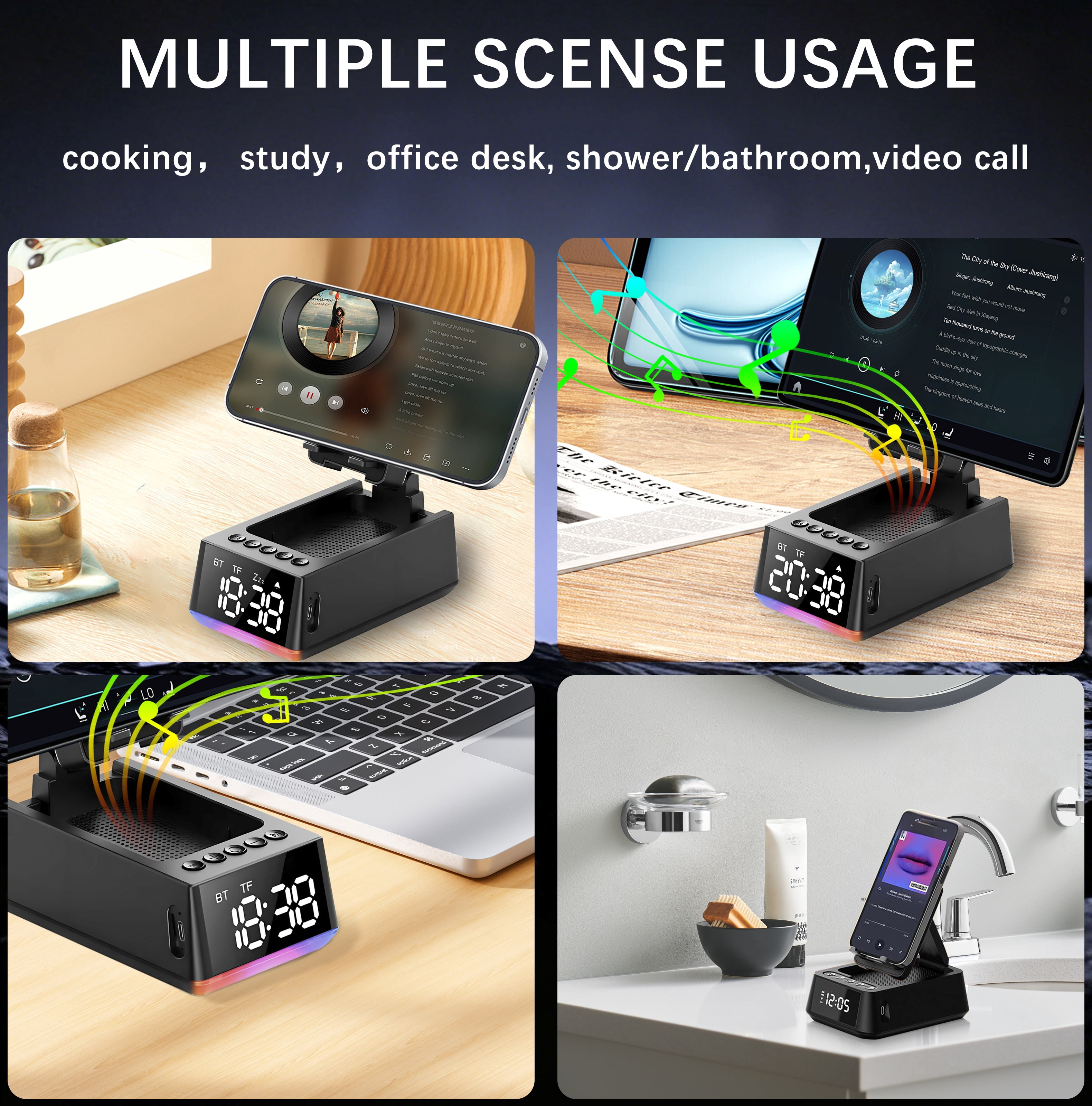 Wireless Induction Speaker Bluetooth Speaker Phone Stand with Auto-Sync Alarm Clock, HD Display & Adjustable Holder, Unique Gifts for Men Women, Dad Mom