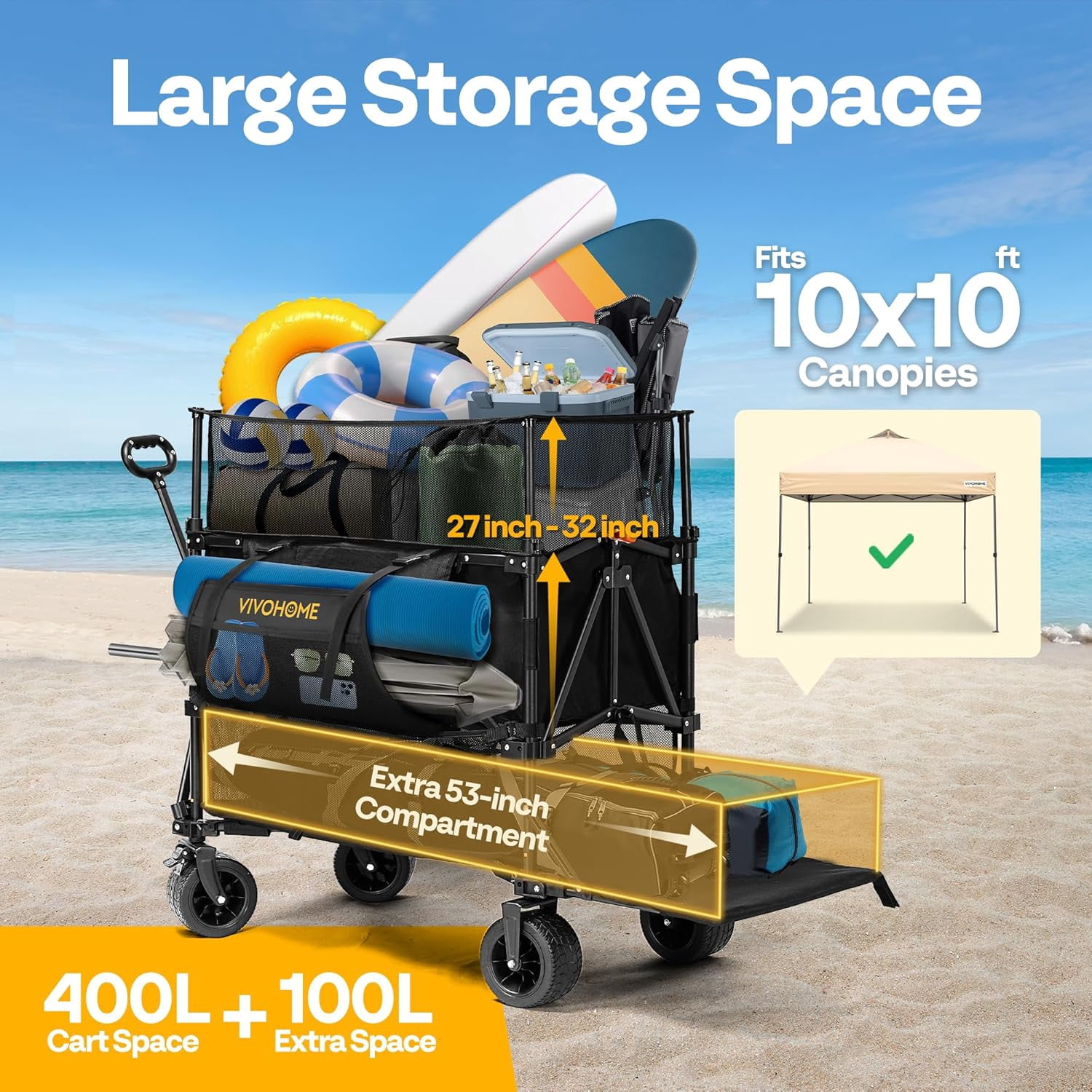 SPECSTAR 500L Large Capacity Double Decker Collapsible Wagon 500lbs Heavy Duty Utility Folding Cart with Big Wheels 53" Extended for Camping, Sports