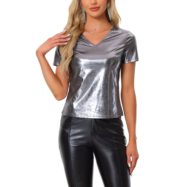 INSPIRAR CHIC Blusa de Mujer Fiesta Cuello en V Manga Corta Brillante Top Metálico XL Plata Oscura