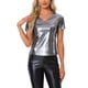thumbnail image 1 of INSPIRAR CHIC Blusa de Mujer Fiesta Cuello en V Manga Corta Brillante Top Metálico S Plata Oscura, 1 of 6