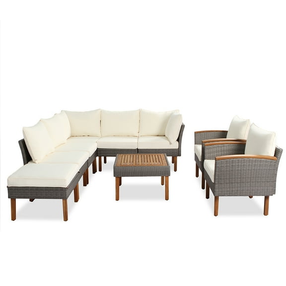 Topcobe 9-Piece Patio Rattan Furniture Set, PE Rattan Sectional Sofa Set with Coffee Table, Washable Cushion, Outdoor Conversation Set, Beige