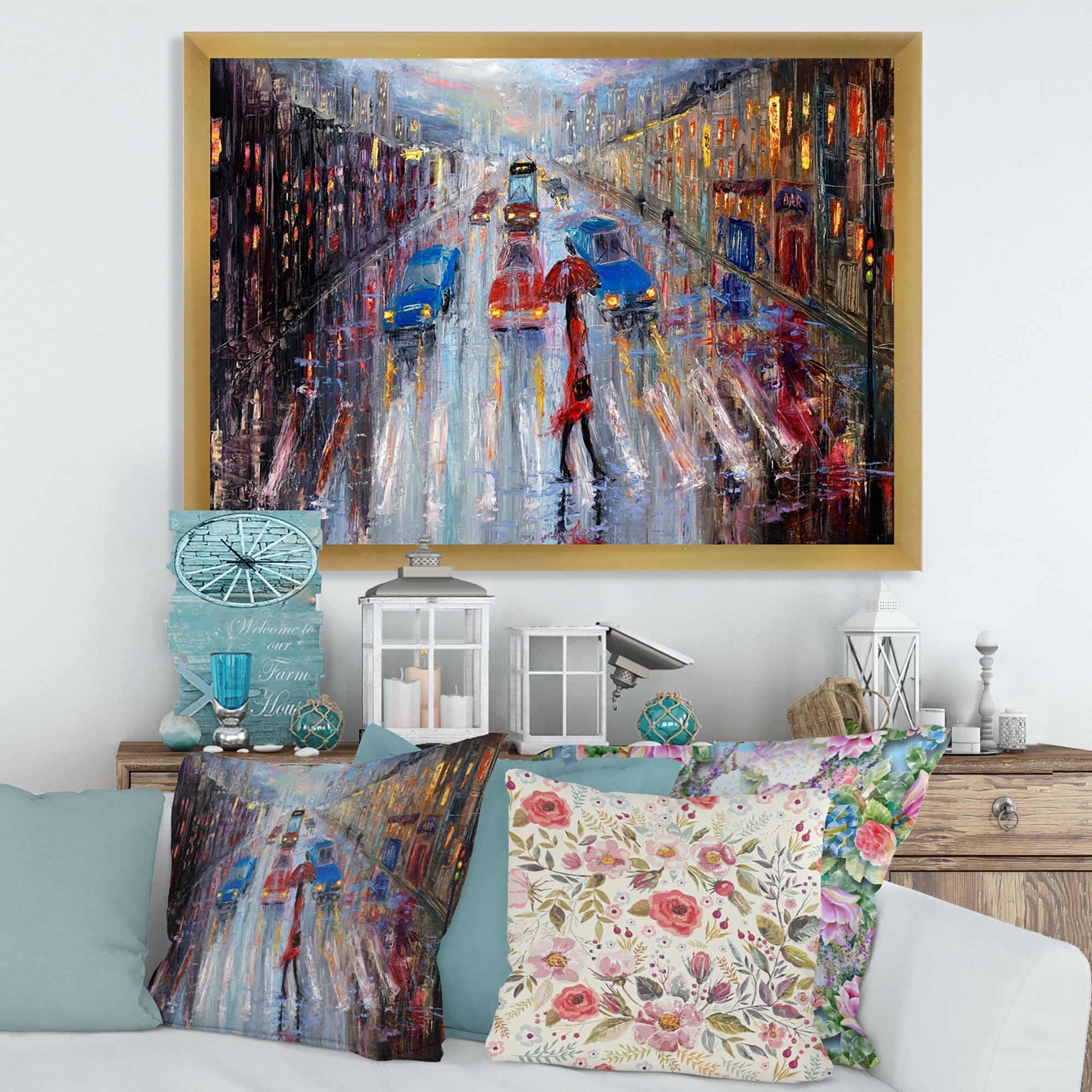 Designart 'Girl In Red Crossing The Street' Traditional Framed Art Print