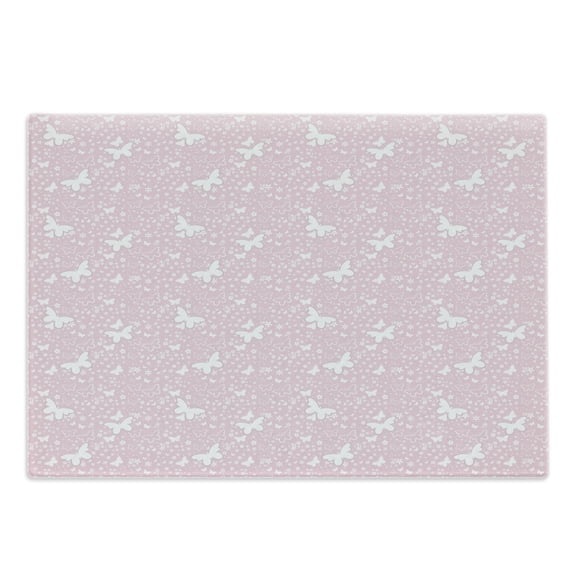 Butterfly Cutting Board, Butterfly Silhouettes on Flowered Soft Background Ornamental Design Nature, Decorative Tempered Glass Cutting and Serving Board, Large Size, Pale Pink White, by Ambesonne