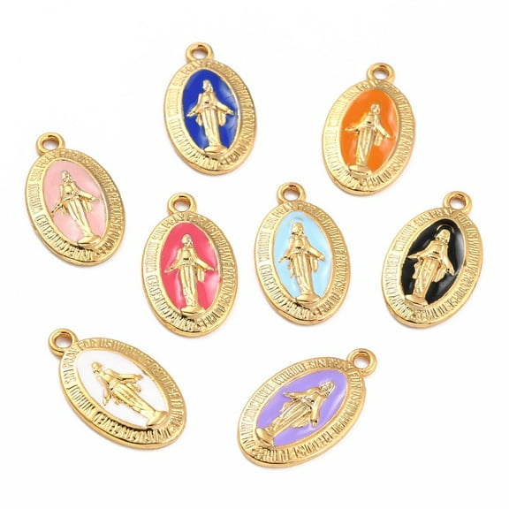 5pc Golden Alloy Enamel Pendants Long-Lasting Plated Our Lady of the Miraculous Medal Oval Mixed Color 21x12x1.5mm Hole: 1.7mm