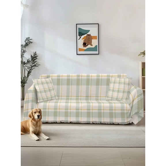 Farmhouse Grid, Sofa Covers for 2-3 Cushion Couch L-Shaped Sectional, Country Minimalistic Geometric Plaid Lattice Washable Sofa Covers Slipcover for Living Room, Couch Cover Blanket 71"x134"