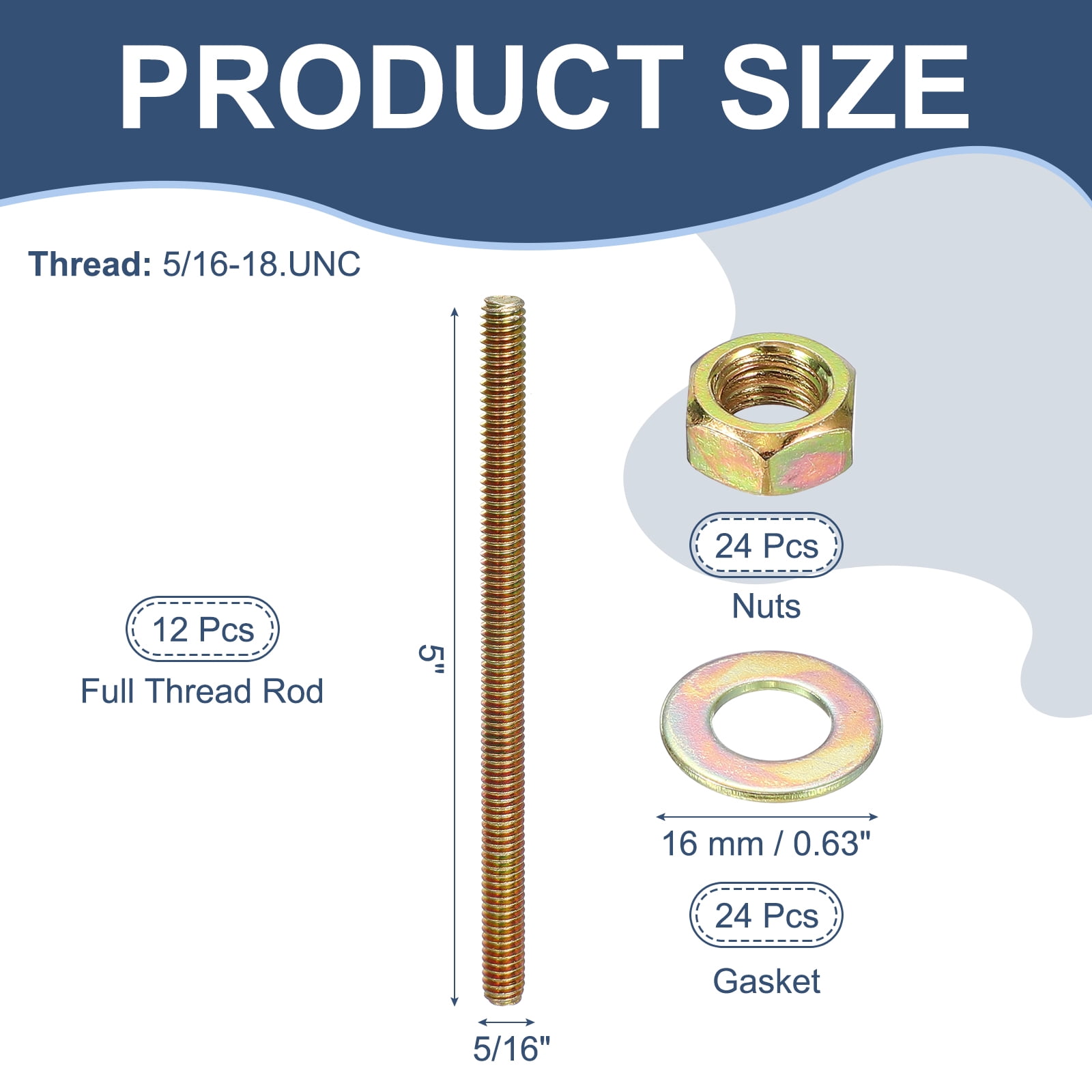 5/16" x 5" Color Zinc Fully All Thread Rod, 12 Pcs Carbon Steel Long Threaded Screw for Furniture Garden