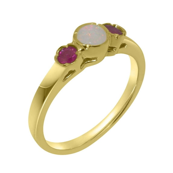LBG British Made 14k Yellow Gold Real Genuine Opal & Ruby Womens Promise Ring - 33 size options - Size 5.75