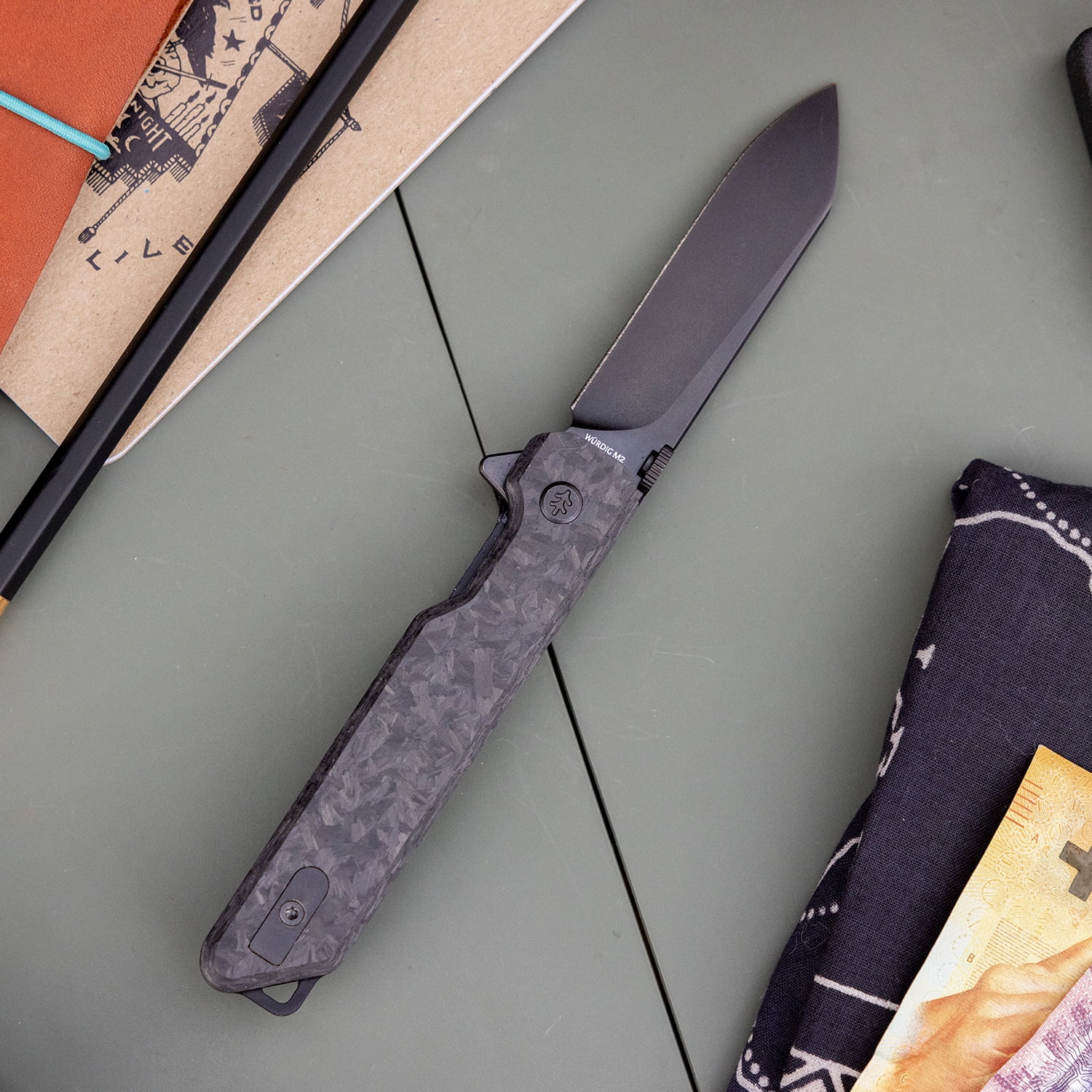 Swiss Tech Wurdig M2 Folding Knife with 14C28N Blade & Carbon Fiber Handle, Black