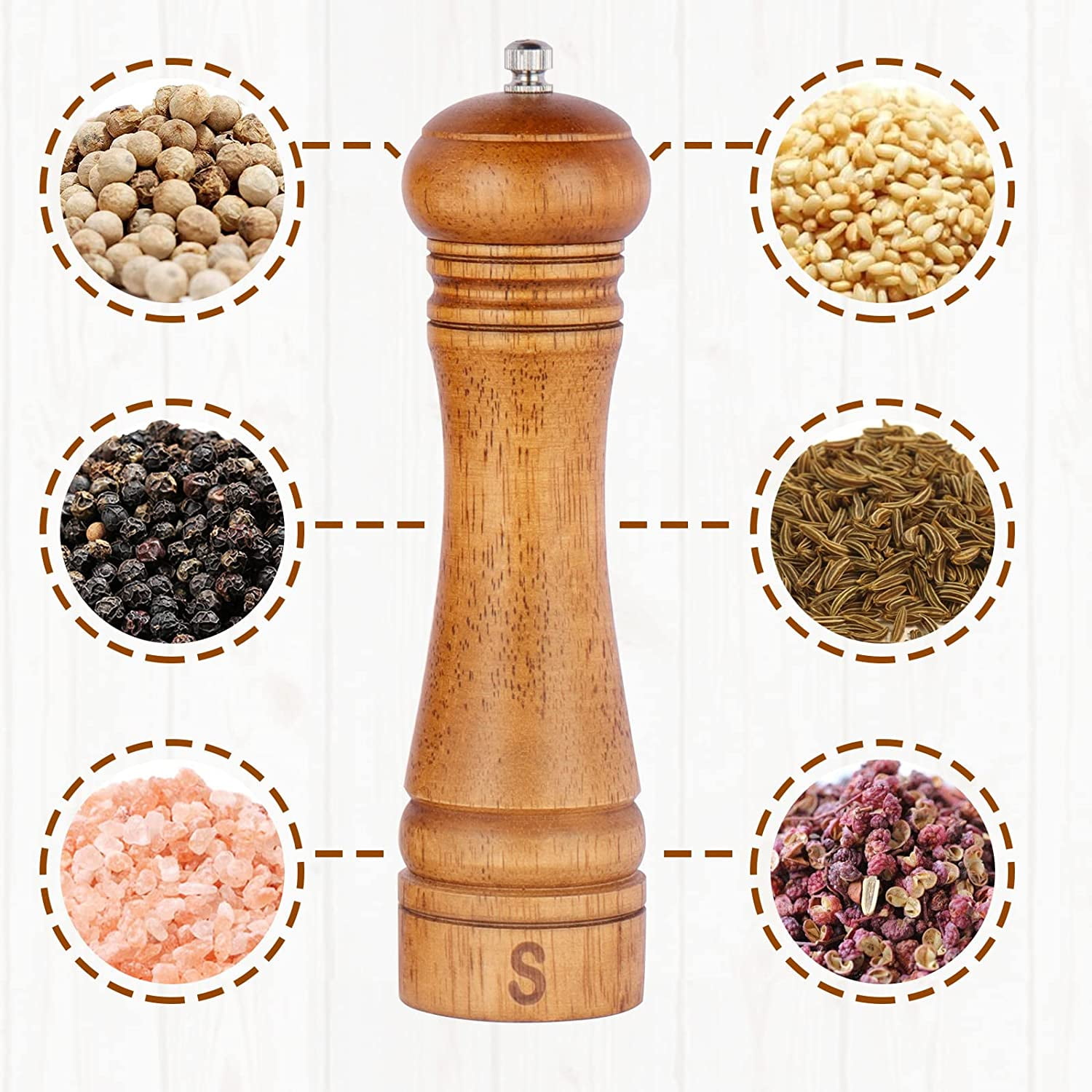 ® Wood Pepper Grinder Pepper Mill,Adjustable Coarseness 8 Inch Wooden Peppermill, Ceramic Grinding Mechanism Salt Mill Refillable (2 pack)