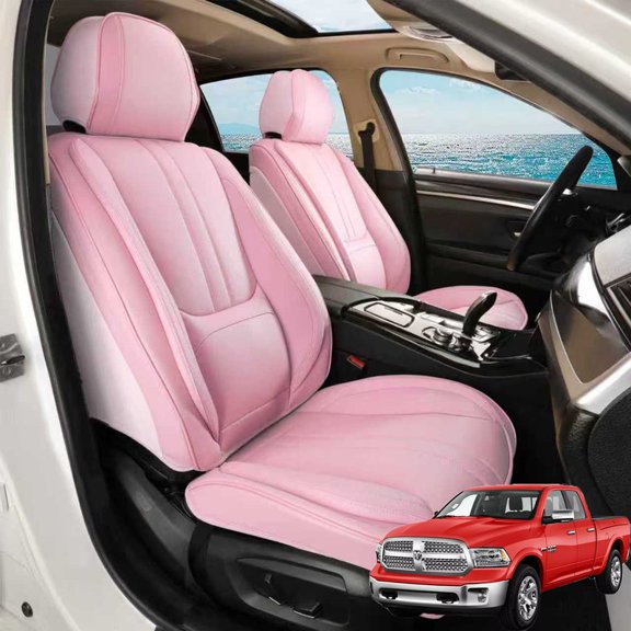 Car Seat Covers Full Set Fit for Dodge Ram 1500 2002-2026, Faux Leather Waterproof Breathable Anti‑Slip Seat Protectors with Lumbar Support, Pink