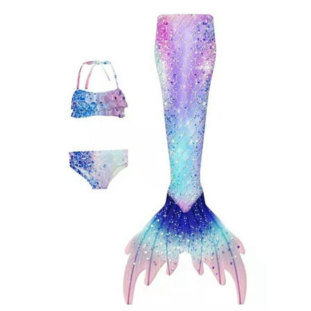 

Girls 3Pcs Mermaid Costume Bikini Set Ruffle Halter Swimwear Bathing Suit Mermaid Tails Birthday