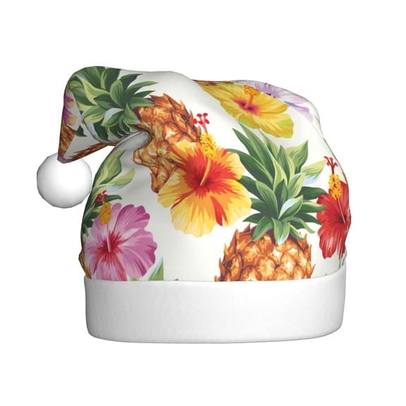 Kowoue Hawaiian Pineappl Pattern Santa Hat Christmas Hats for Adults, Holiday Unisex Velvet Comfort Xmas Hat for Women Men