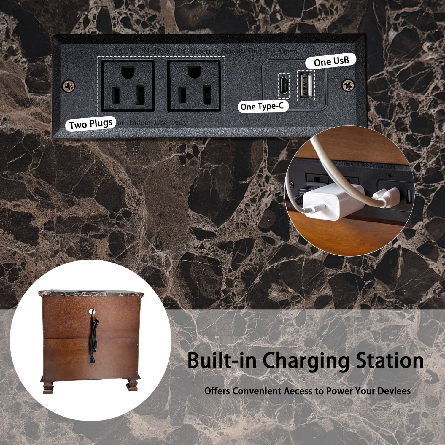 Tall Modern Nightstand with Charging Station, Bedside Table with 2 Drawers, Marble Grain Storage End Table with USB Ports and AC Outlets for Bedroom, Living Room, Brown