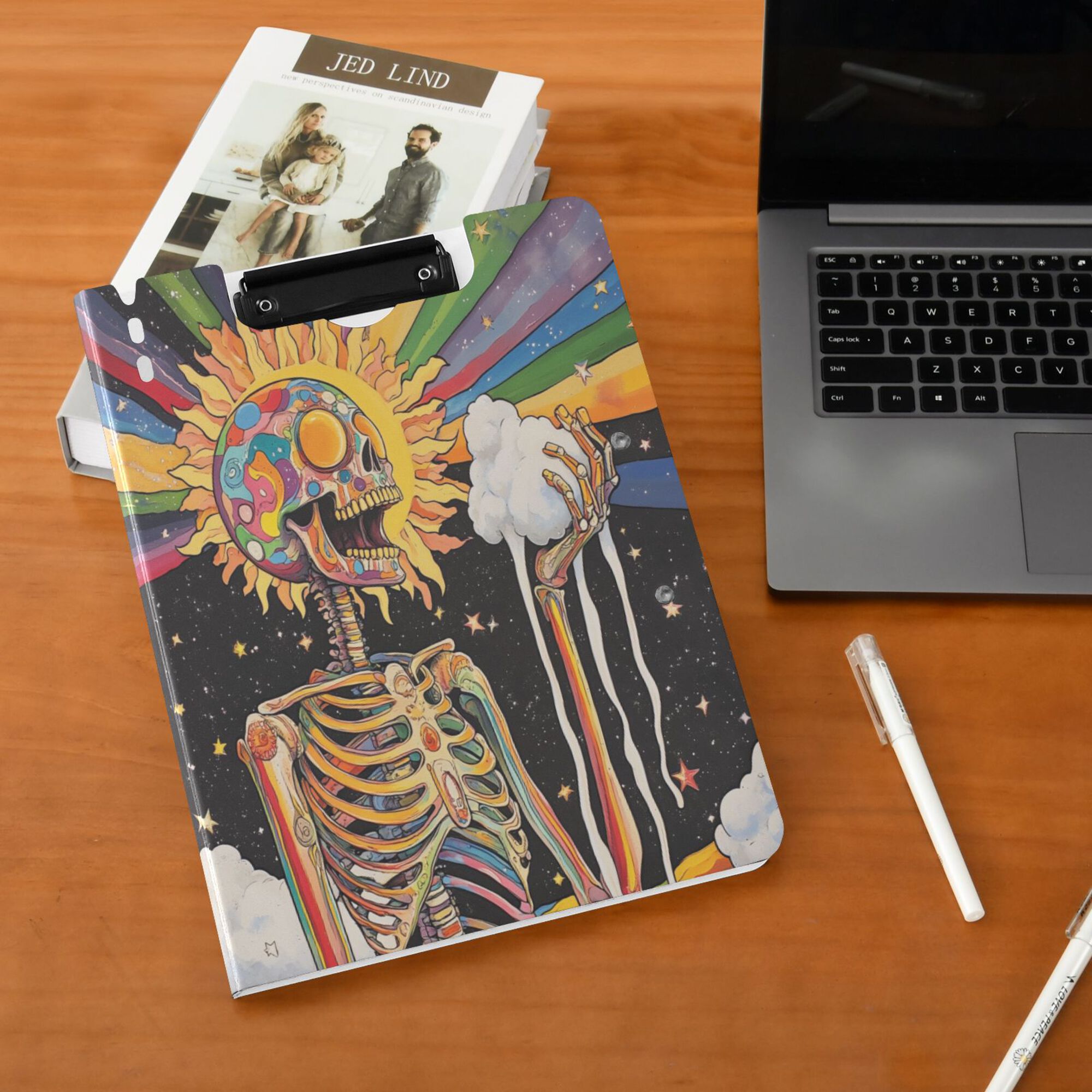 FORMRS A4 Clipboard Folder with Pen Holder Horizontal Foldable School Office Binder, Bright Skeleton