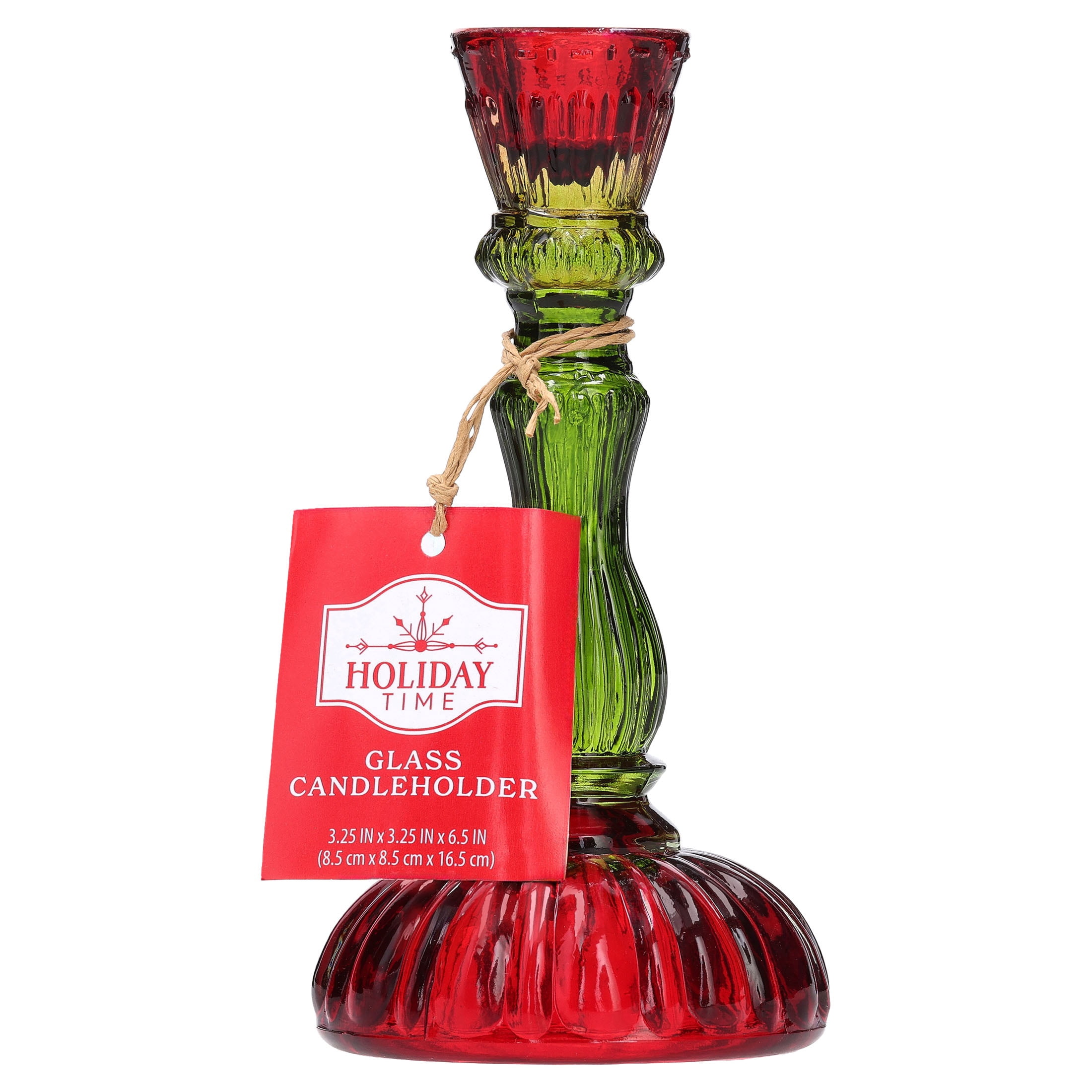Red and Green Ribbed Glass Christmas Taper Candle Holder, 6.5", by Holiday Time