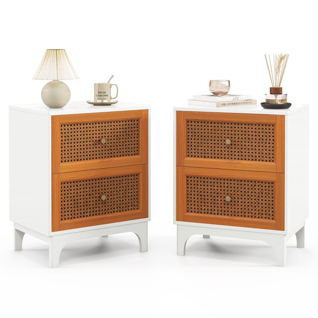 Patiojoy 2 pcs Rattan Nightstand Boho Accent Table with 2 Handwoven Rattan Decorated Drawers Bedside Table with Solid Wood Legs